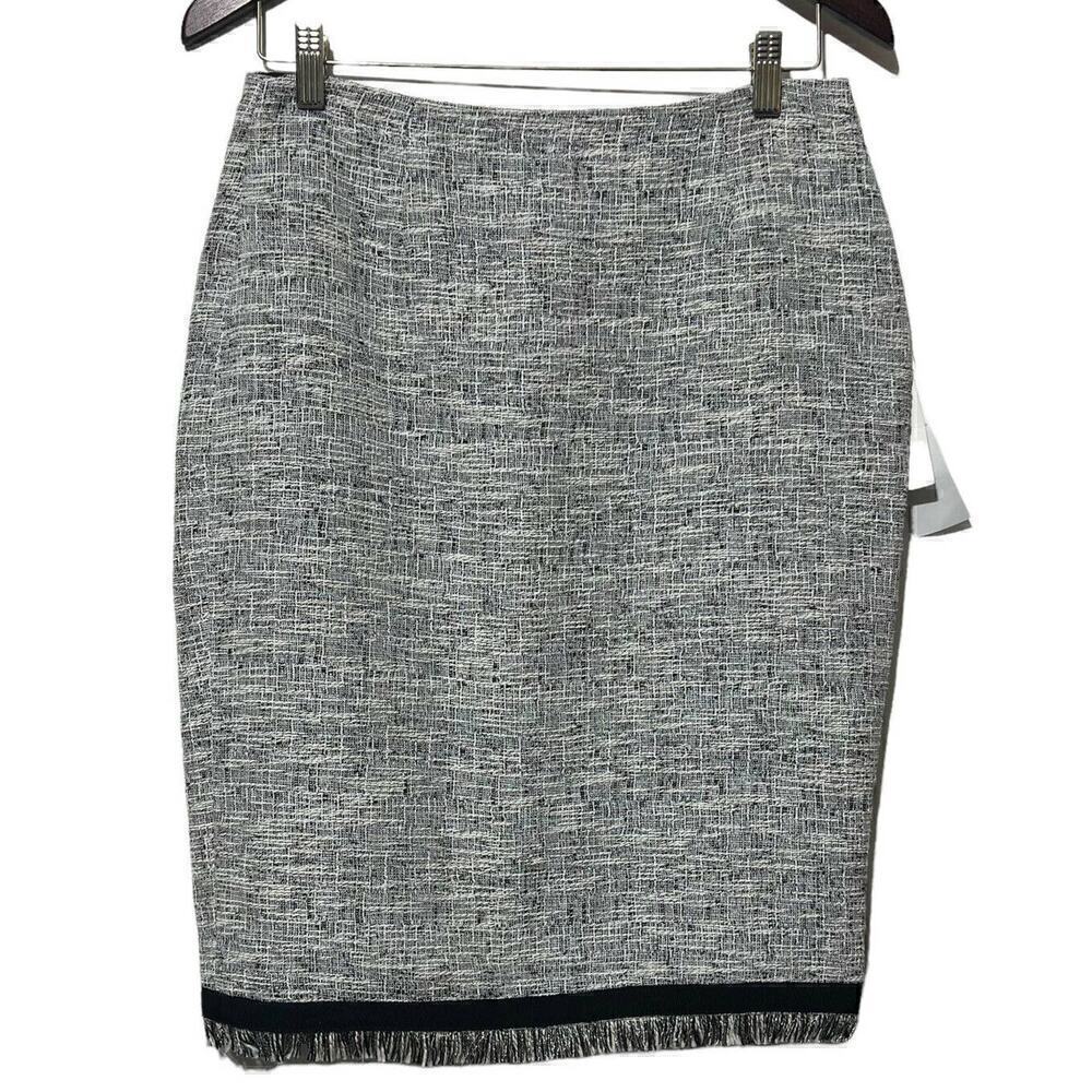 Calvin Klein Pencil Skirt‎ Size 4 Women's Black White Metallic Tweed Fringe New